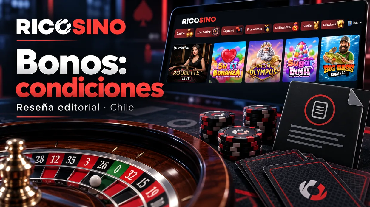 Portada editorial «Bonos: condiciones» con el borde de una ruleta, dorsos de naipes y un ícono de condiciones, sin cifras