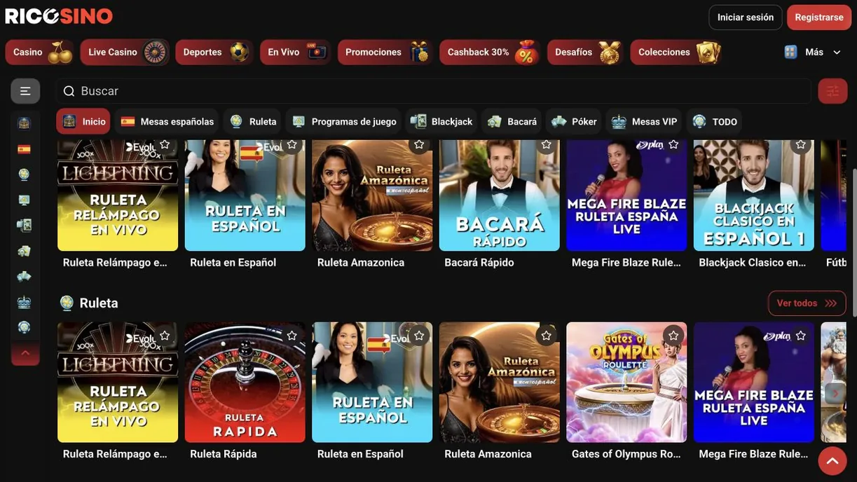 Captura real del casino en vivo de Ricosino con los filtros de categoría y mesas como Ruleta Relámpago en Vivo, Ruleta en Español y Blackjack Clásico en Español 1