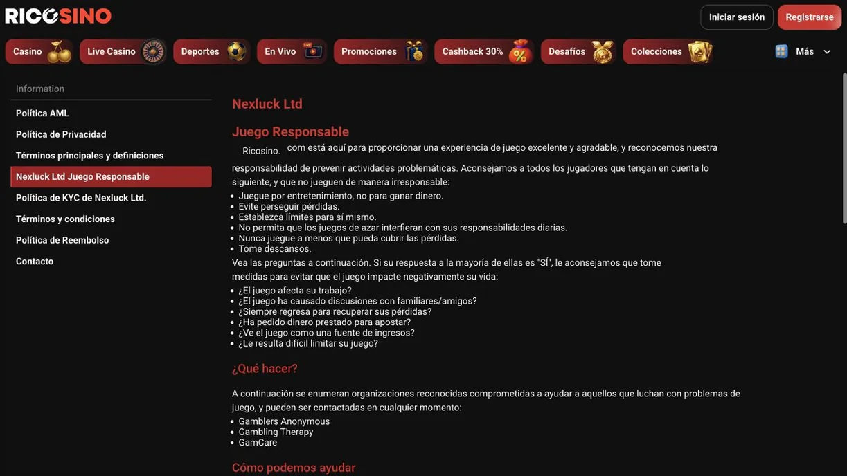 Captura real de la página «Nexluck Ltd Juego Responsable» con consejos, preguntas de autoevaluación y las organizaciones Gamblers Anonymous, Gambling Therapy y GamCare