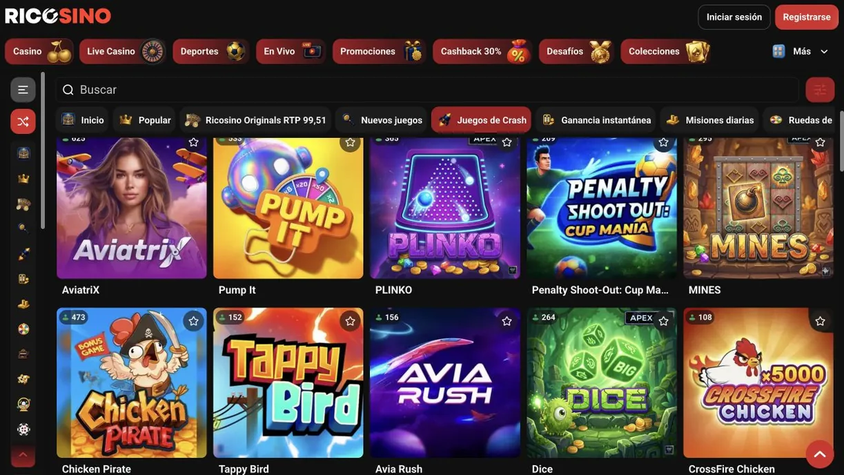 Captura real de la categoría «Juegos de Crash» de Ricosino con AviatriX, Pump It, PLINKO, MINES, Chicken Pirate y Avia Rush