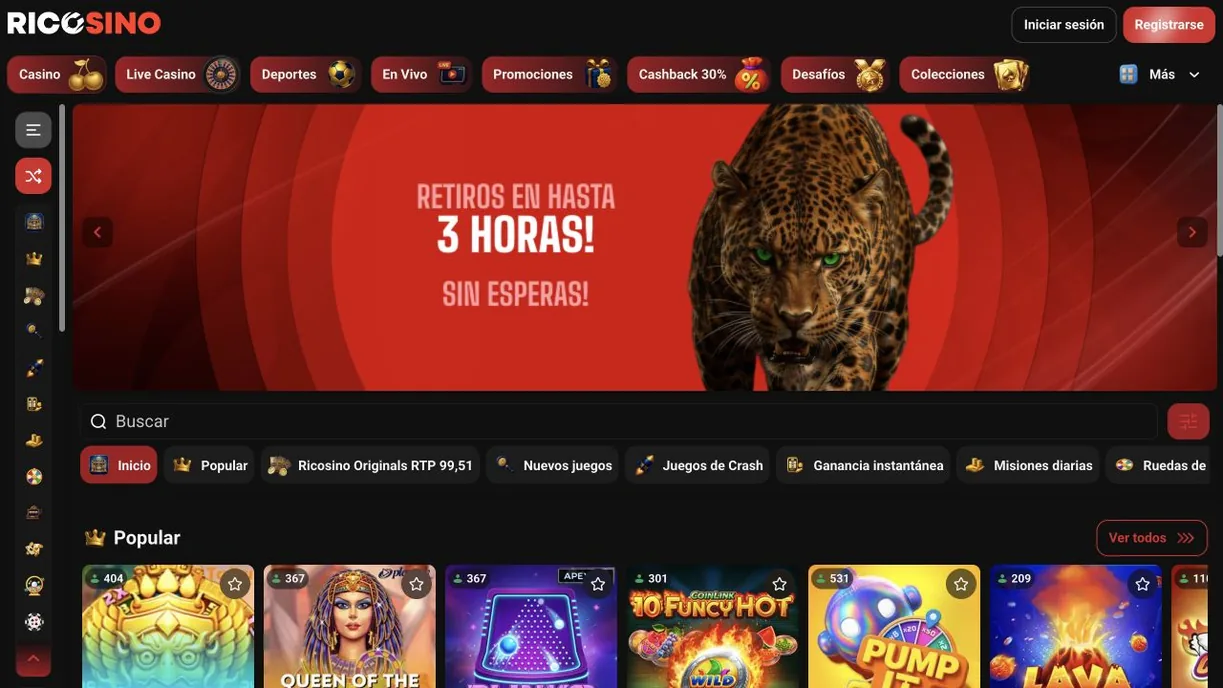 Captura real del lobby de la versión chilena de ricosino.com con el banner «Retiros en hasta 3 horas, sin esperas»