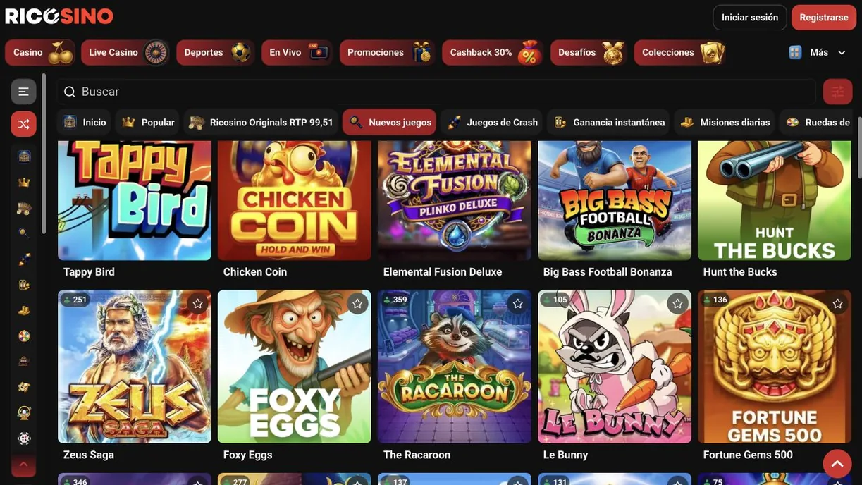 Captura real de la categoría «Nuevos juegos» del lobby de Ricosino con Tappy Bird, Chicken Coin, Zeus Saga y Le Bunny, entre otros