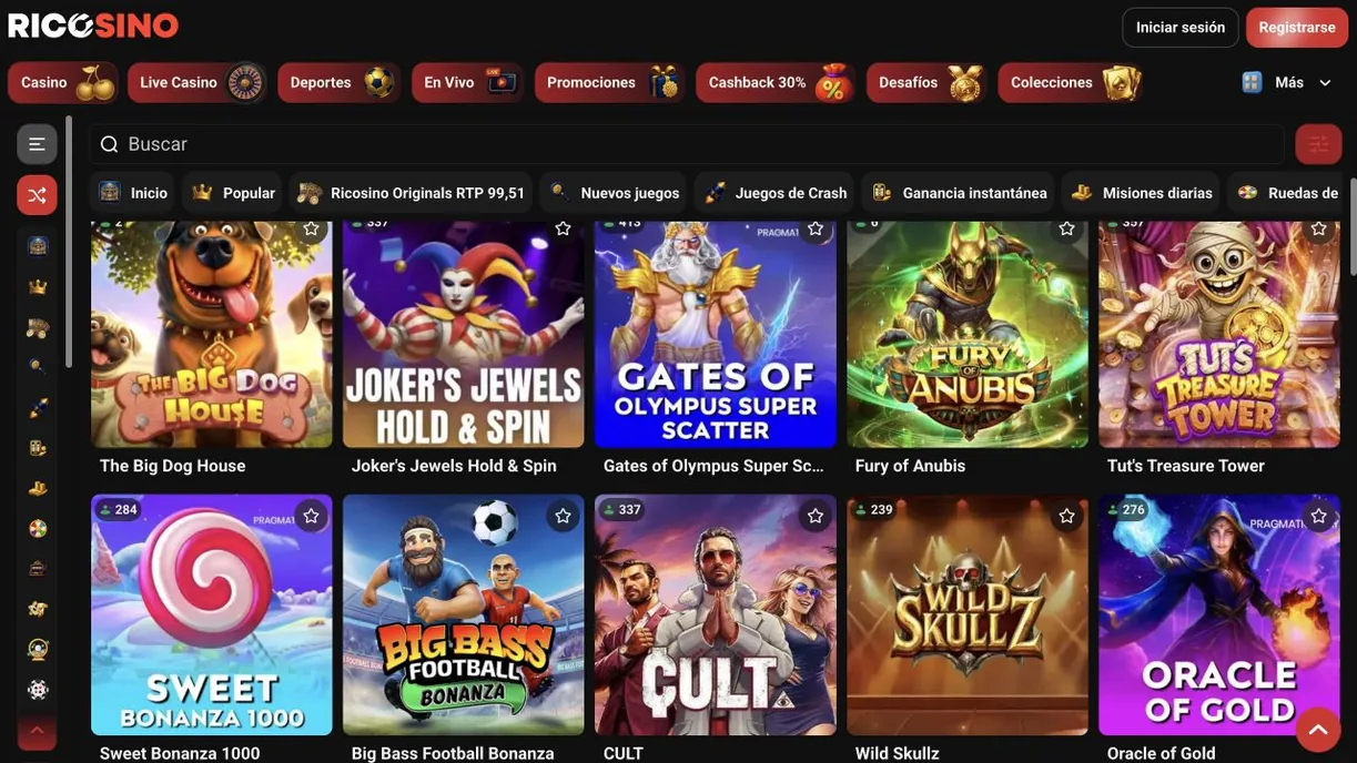 Captura real de juegos de Pragmatic Play en el lobby de Ricosino, entre ellos Sweet Bonanza 1000, Gates of Olympus Super Scatter y Fury of Anubis