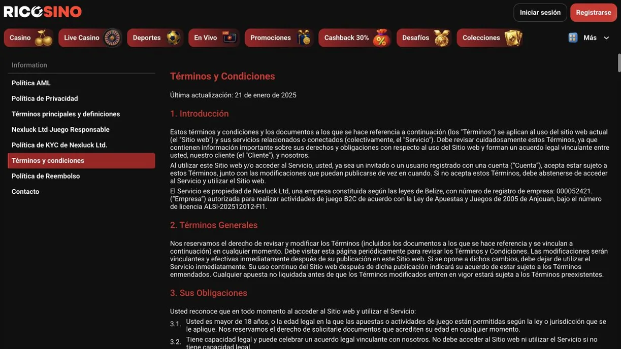 Captura real de los Términos y Condiciones de Ricosino, actualizados el 21 de enero de 2025, con el §1 sobre Nexluck Ltd y la licencia de Anjouan