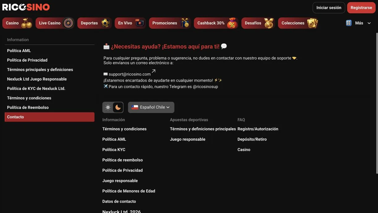 Captura real de la página de contacto de la versión chilena de ricosino.com con el selector de idioma en Español Chile