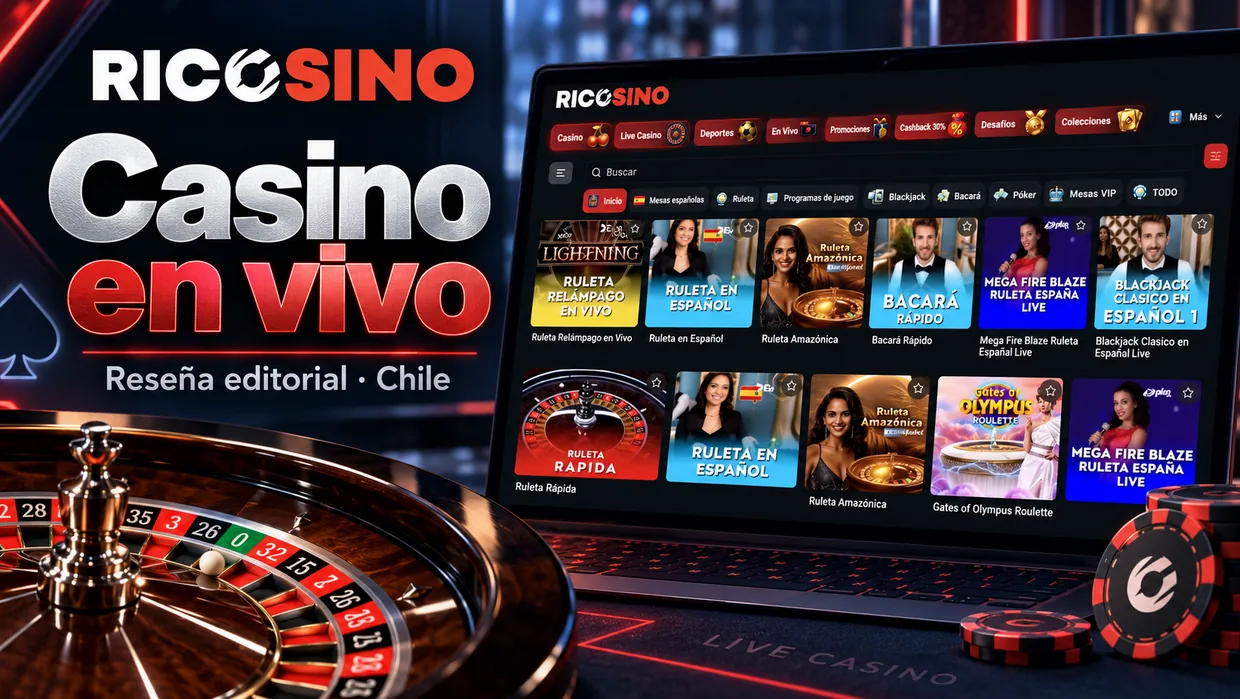 Portada editorial «Casino en vivo» con tarjetas de mesas en vivo y una ruleta bajo luz de estudio