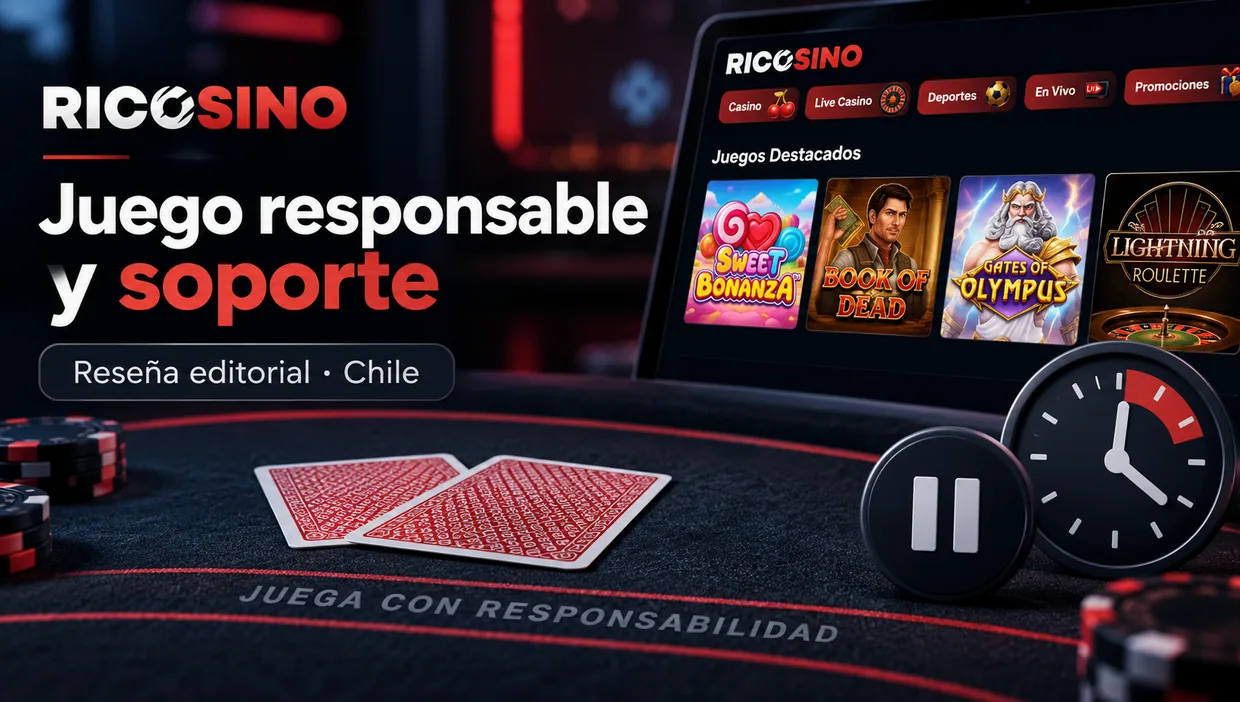 Portada editorial «Juego responsable y soporte» con un paño de mesa, naipes boca abajo, un símbolo de pausa y un reloj