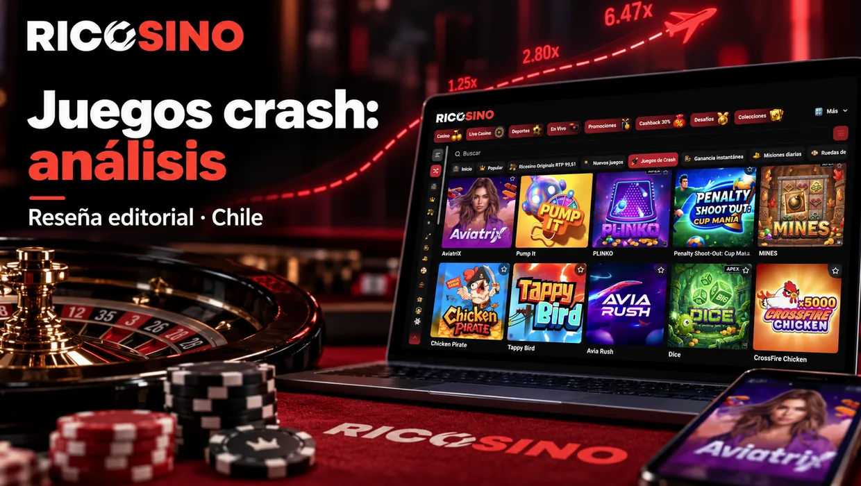 Portada editorial «Juegos crash: análisis» con un catálogo de juegos crash y una trayectoria de vuelo abstracta