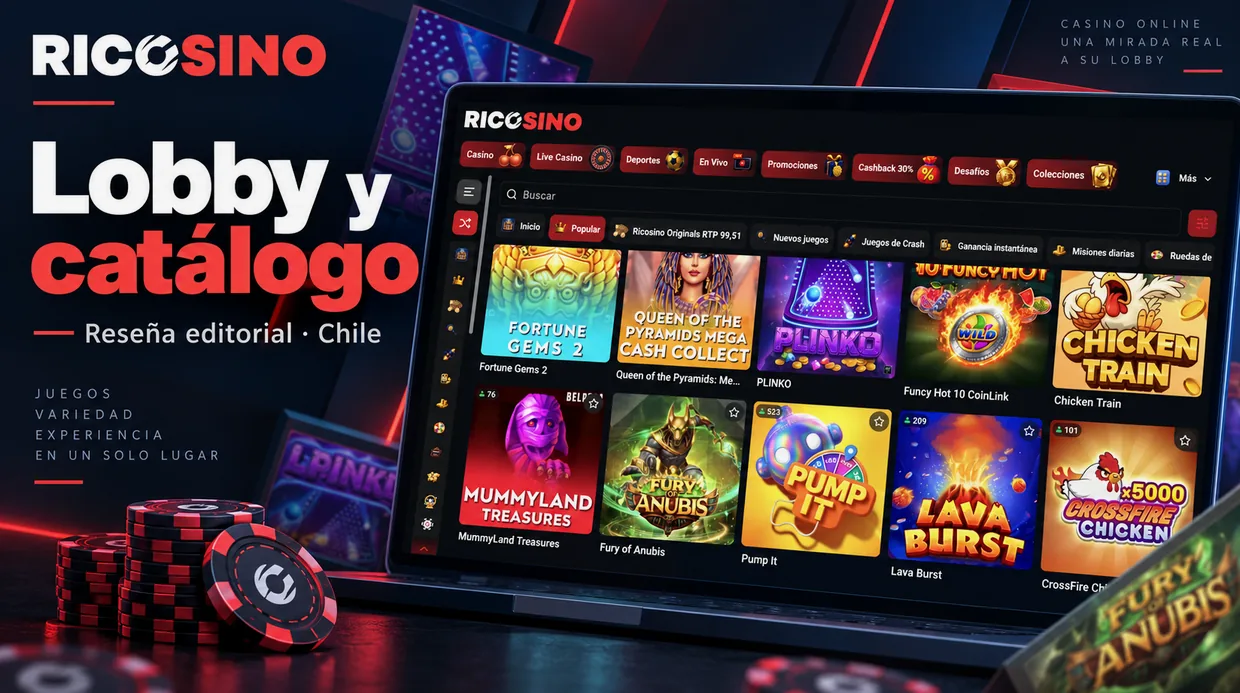 Portada editorial «Lobby y catálogo» con fichas del lobby dentro de un marco de pantalla oscuro