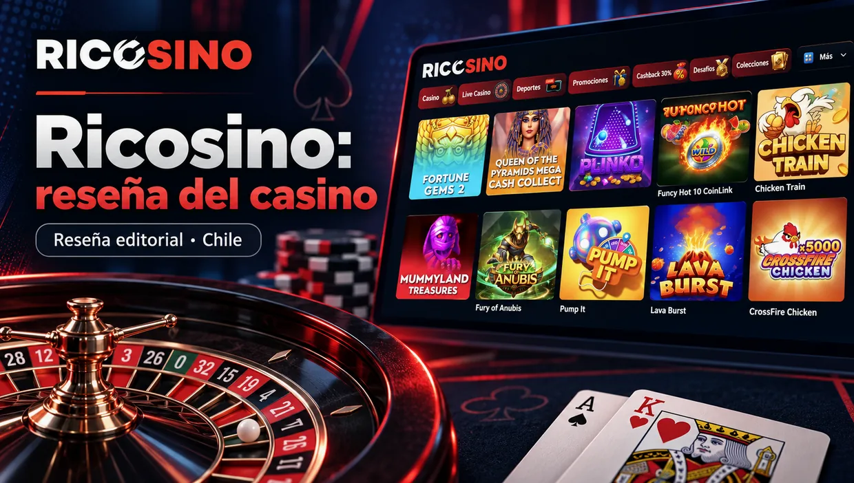 Portada editorial alternativa con el título «Ricosino: reseña del casino», una ruleta, naipes y fichas del lobby