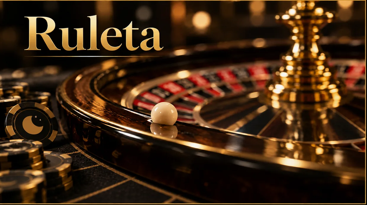 Ilustración editorial de una ruleta en vivo con crupier, paño de apuestas y rueda bajo luz de estudio