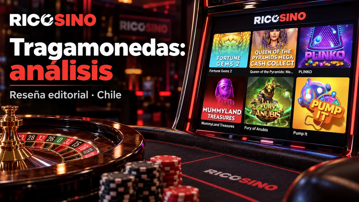 Portada editorial «Tragamonedas: análisis» con portadas de slots y detalles de un gabinete de rodillos