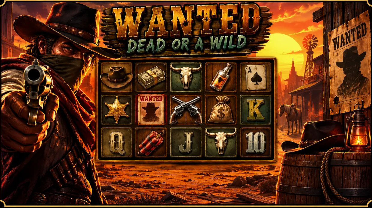 Ilustración editorial de Wanted Dead or a Wild con un paisaje del lejano oeste y el título del juego